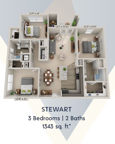 Floor Plan  A 3 bedroom apartment with 2 bathrooms is 1343 square feet.