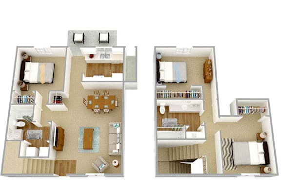 Floor Plan  A floor plan of a two-story home with two bedrooms, two bathrooms, a living room, a kitchen, and a dining room.