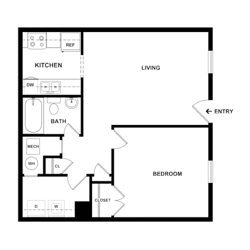 Floor Plan  A floor plan of a small apartment with a kitchen, bathroom, and bedroom.