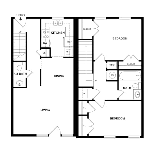 Floor Plan  A black and white floor plan of a small apartment with a living room, kitchen, dining room, and two bedrooms.