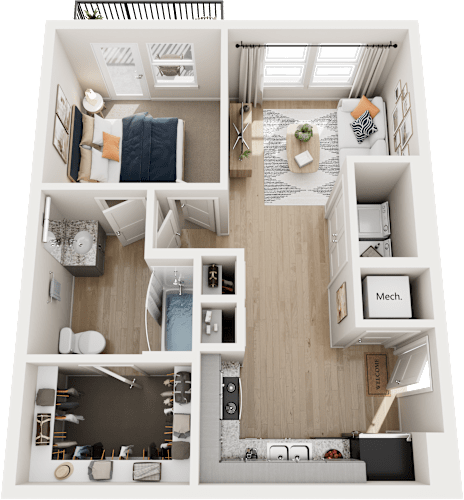 Floor Plan  A top-down view of a small apartment layout with a kitchen, living room, and bathroom.