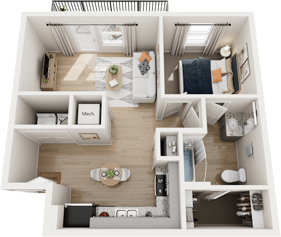 Floor Plan  A top-down view of a small apartment with a kitchen, living room, and bedrooms.