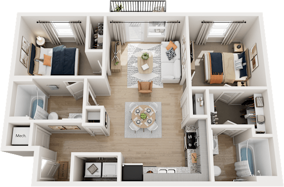 Floor Plan  A top-down view of a small apartment layout with a kitchen, living room, and bedrooms.