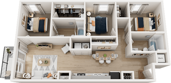 Floor Plan  A top-down view of a small apartment with a kitchen, living room, and bedrooms.