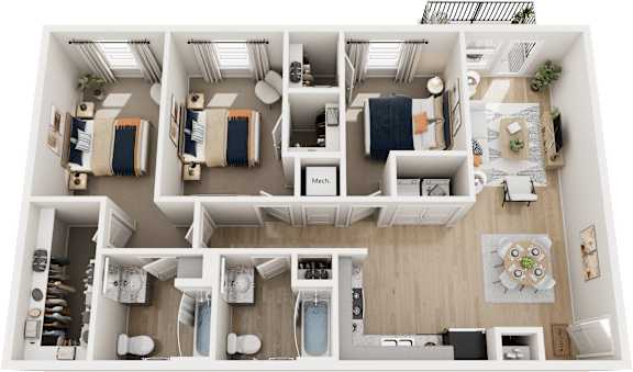 Floor Plan  A top-down view of a well-organized apartment with multiple rooms and furniture.