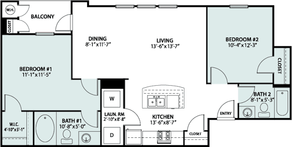 Floor Plan  A floor plan of a house with a balcony, two bedrooms, a living room, a dining room, a kitchen, and two bathrooms.