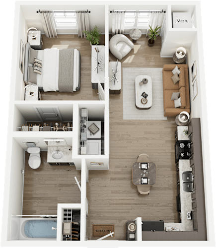 Floor Plan  A top-down view of a small apartment with a kitchen, living room, and bathroom.