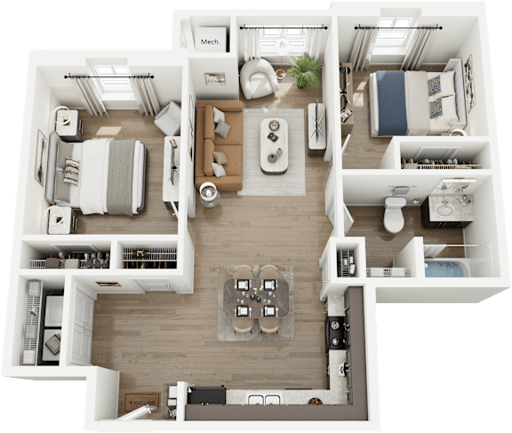 Floor Plan  A top-down view of a well-organized apartment layout.