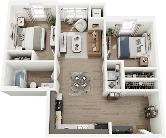 Floor Plan  A top-down view of a small apartment layout with a kitchen, living room, and bedrooms.
