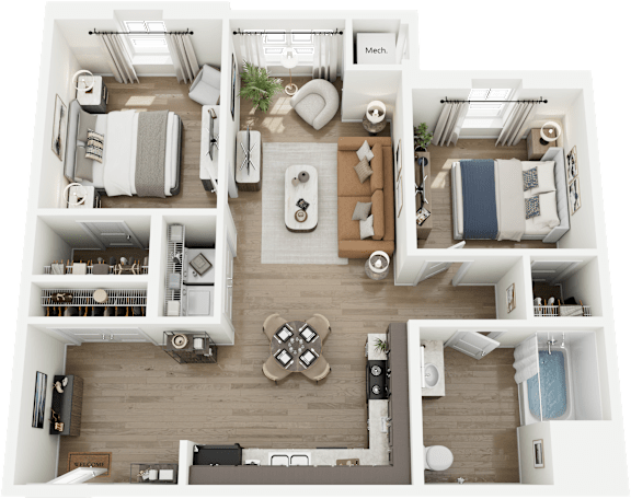 Floor Plan  A top-down view of a small apartment layout with a kitchen, living room, and bedrooms.