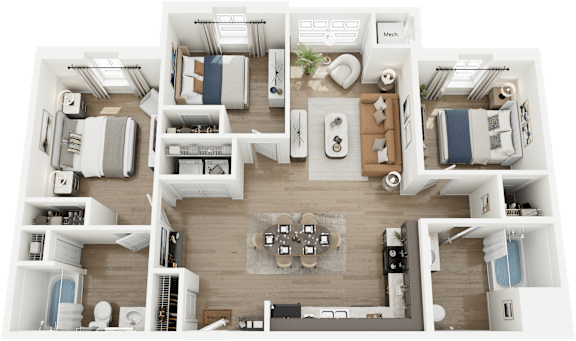 Floor Plan  A detailed 3D floor plan of a modern apartment layout.