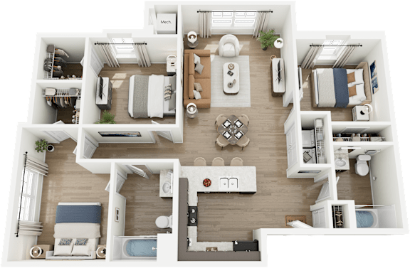 Floor Plan  A 3D floor plan of a small apartment with a kitchen, living room, and bedrooms.