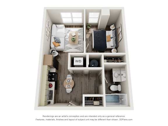 Floor Plan  A 3D floor plan of a small apartment with a kitchen, living room, and bathroom.