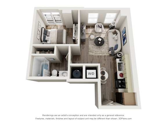 Floor Plan  A 3D floor plan of a small apartment with a kitchen, living room, and bathroom.