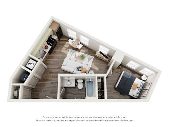 Floor Plan  A 3D floor plan of a small apartment with a kitchen, living room, and bedroom.