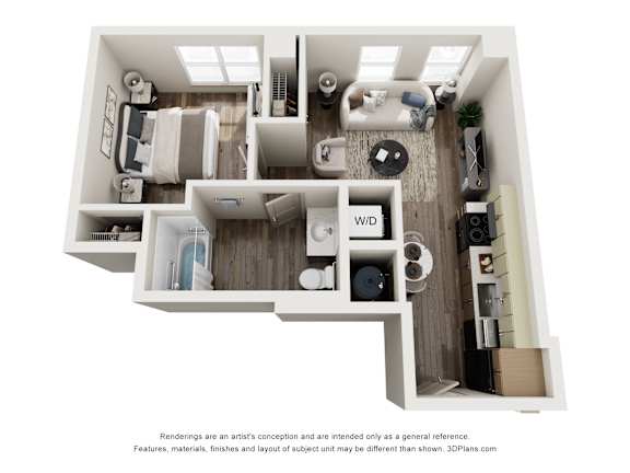 Floor Plan  A 3D floor plan of a small apartment with a kitchen, living room, and bathroom.