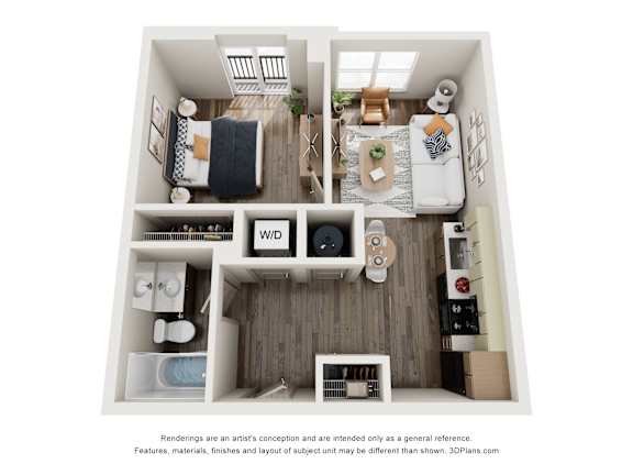Floor Plan  A 3D floor plan of a small apartment with a kitchen, living room, and bathroom.