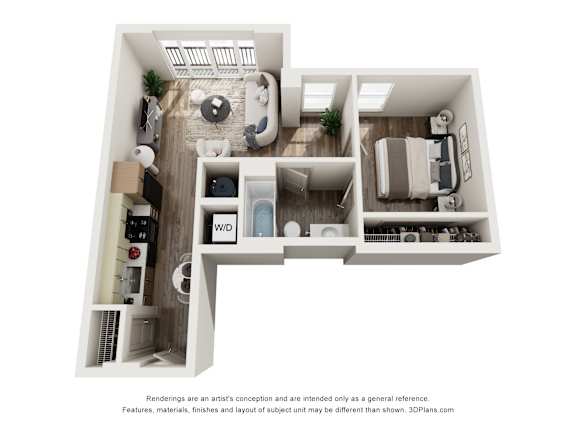 Floor Plan  A 3D floor plan of a small apartment with a kitchen, living room, and bathroom.