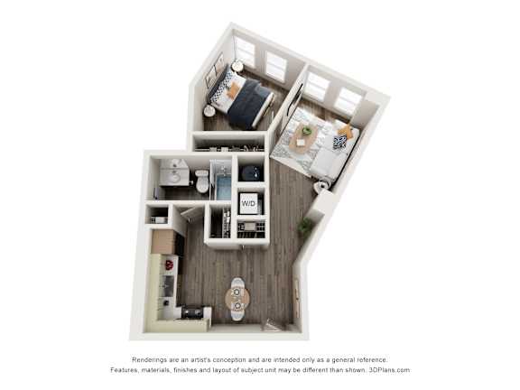 Floor Plan  A 3D floor plan of a small apartment with a kitchen, living room, and bathroom.