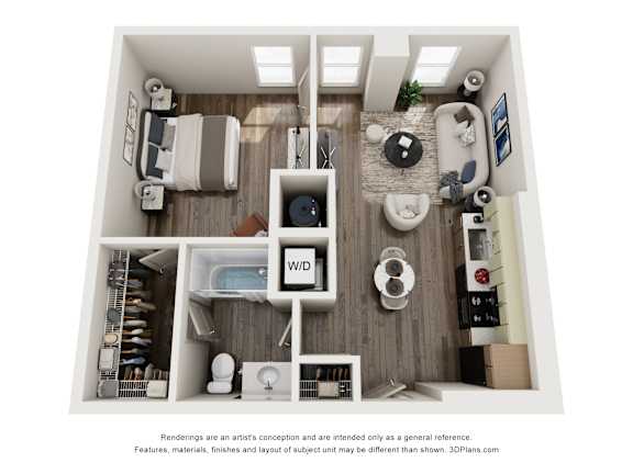 Floor Plan  A 3D floor plan of a small apartment with a kitchen, living room, and bathroom.