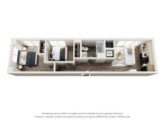 Floor Plan  A 3D image of a white room with a couch, a bed, a desk, and a chair.