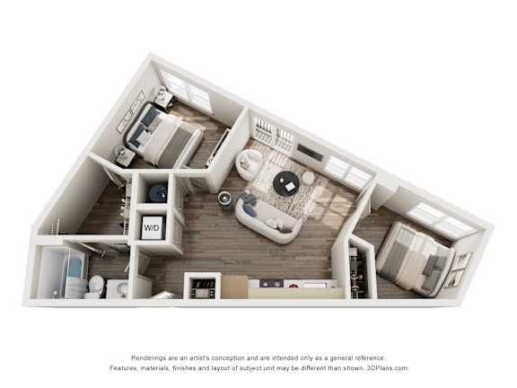 Floor Plan  A 3D floor plan of a small apartment with a kitchen, living room, and bathroom.