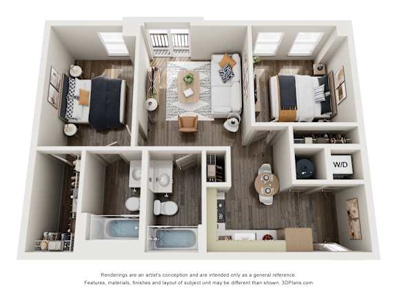 Floor Plan  A 3D image of a small apartment with a kitchen, living room, and bathroom.