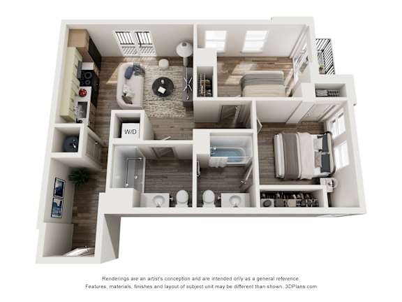 Floor Plan  A 3D floor plan of a house with a kitchen, living room, and bathroom.