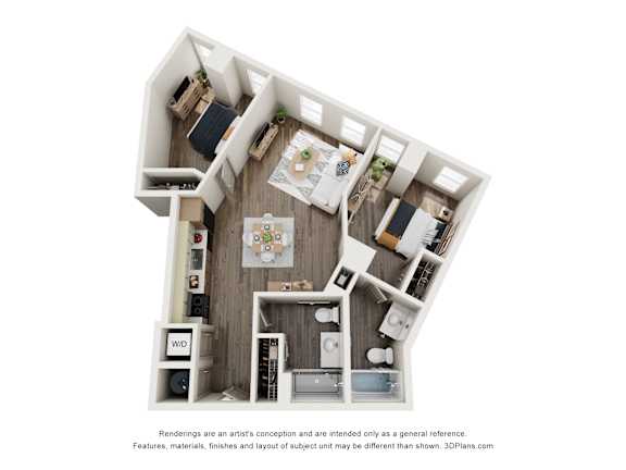 Floor Plan  A 3D floor plan of a small apartment with a kitchen, living room, and bedroom.