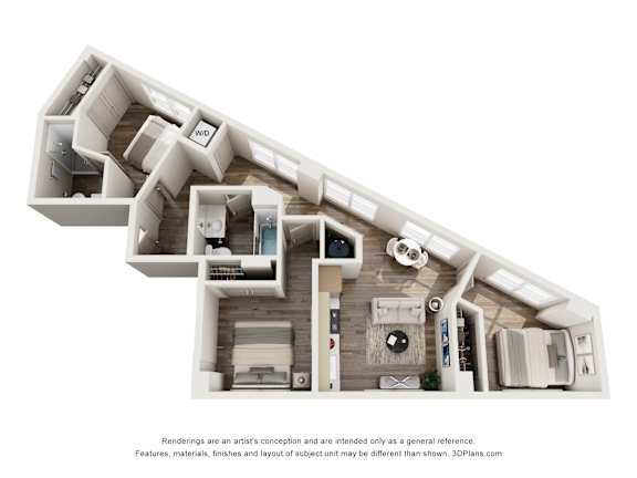 Floor Plan  A 3D image of a house layout with a kitchen, living room, and bedrooms.