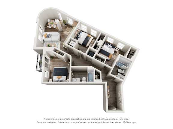 Floor Plan  A 3D floor plan of a house with a kitchen, living room, and bedrooms.