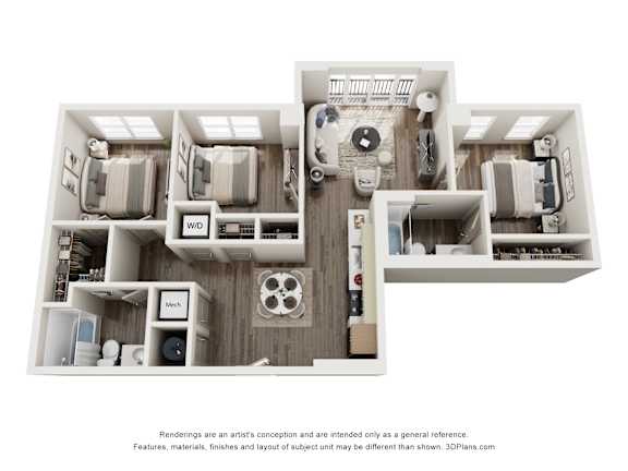 Floor Plan  A 3D image of a room layout with furniture and appliances.