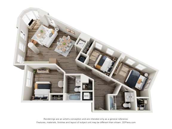 Floor Plan  A 3D floor plan of a house with labeled rooms.