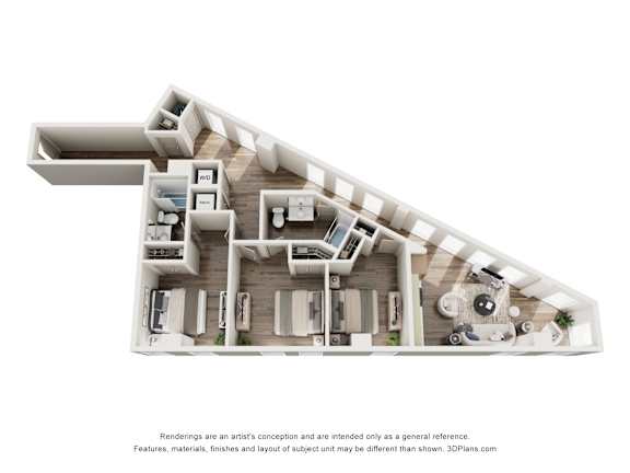 Floor Plan  A 3D floor plan of a house with labeled rooms.