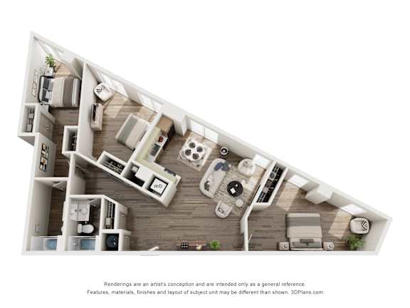 Floor Plan  A 3D floor plan of a house with a kitchen, living room, and bedrooms.