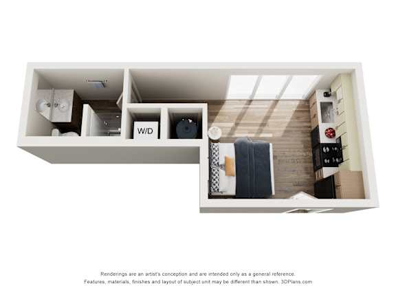 Floor Plan  A 3D floor plan of a small apartment with a kitchen, living room, and bathroom.
