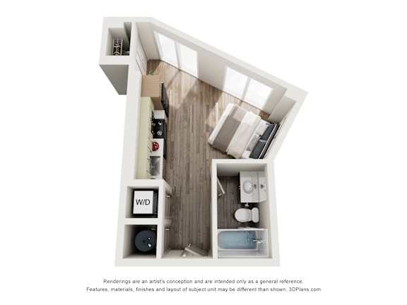 Floor Plan  A 3D floor plan of a small apartment with a kitchen, living room and bathroom.
