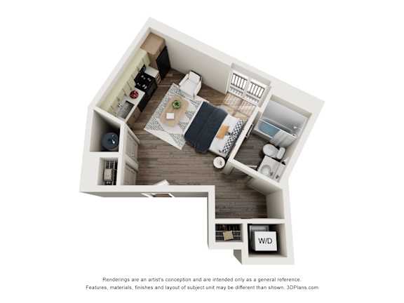 Floor Plan  A 3D floor plan of a small apartment with a kitchen, living room, and bathroom.