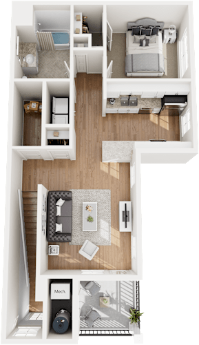 Floor Plan  A floor plan of a house with a kitchen, living room, and two bedrooms.