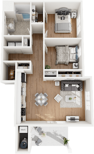 Floor Plan  A top-down view of a small apartment layout with a kitchen, living room, and bathroom.