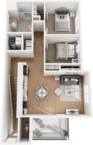 Floor Plan  A 3D floor plan of a small apartment with a kitchen, living room, bedroom, and bathroom.