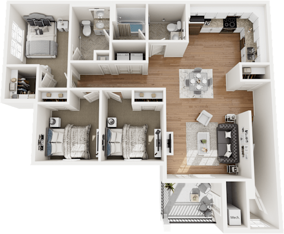 Floor Plan  A detailed 3D floor plan of a modern apartment layout.