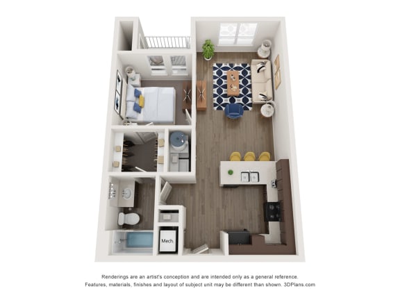 Floor Plan  a stylized floor plan of a 1 bedroom floor plan