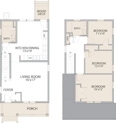 Floor Plan  A floor plan of a house with a living room, kitchen, two bedrooms, and a porch.