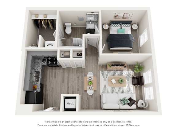 Floor Plan  A 3D floor plan of a small apartment with a kitchen, living room, and bedroom.