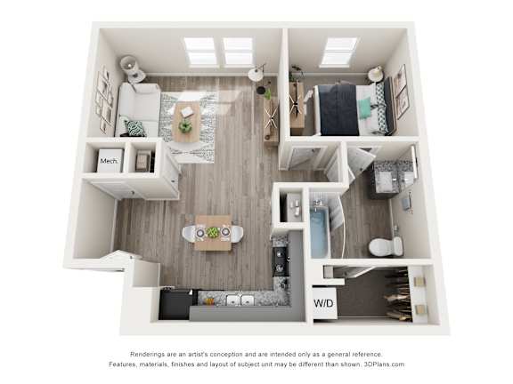 Floor Plan  A 3D floor plan of a small apartment with a kitchen, living room, and bedroom.