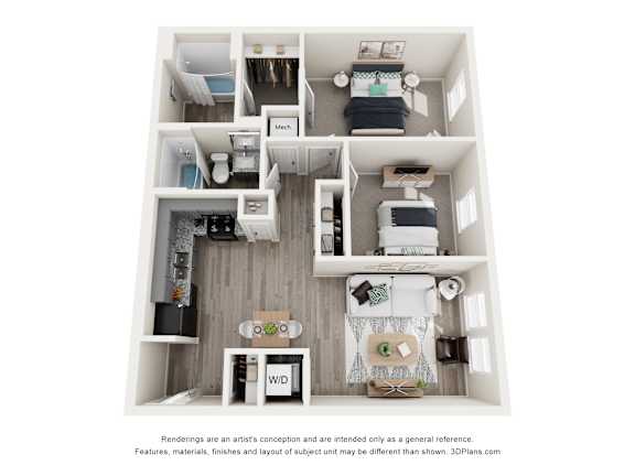 Floor Plan  A 3D floor plan of a small apartment with a kitchen, living room, and bathroom.