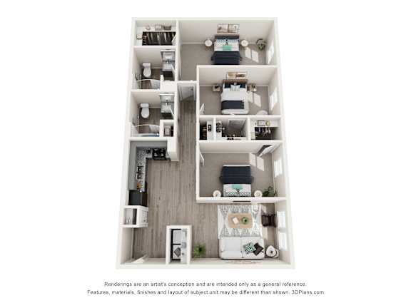Floor Plan  A 3D floor plan of a small apartment with a kitchen, living room, and bathroom.
