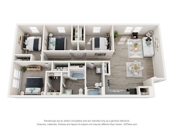 Floor Plan  A 3D floor plan of a small apartment with a kitchen, living room, and two bedrooms.