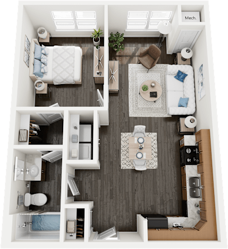 Floor Plan  A top-down view of a small apartment layout with a kitchen, living room, and bathroom.